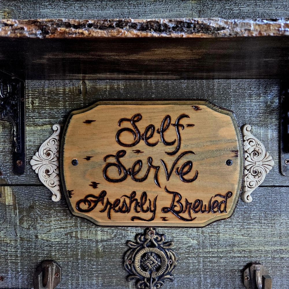 Handmade Rustic Coffee Bar Wall Decor With Hooks Along Bottom & Live Edge Shelf! - Picture 5 of 16